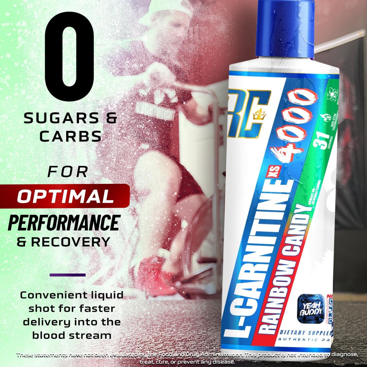 Ronnie Coleman Signature Series L Carnitine XS 4000 Liquid - Lean Muscle Strength Support - Stimulant & Sugar Free - 16 Oz Rainbow Candy Flavor