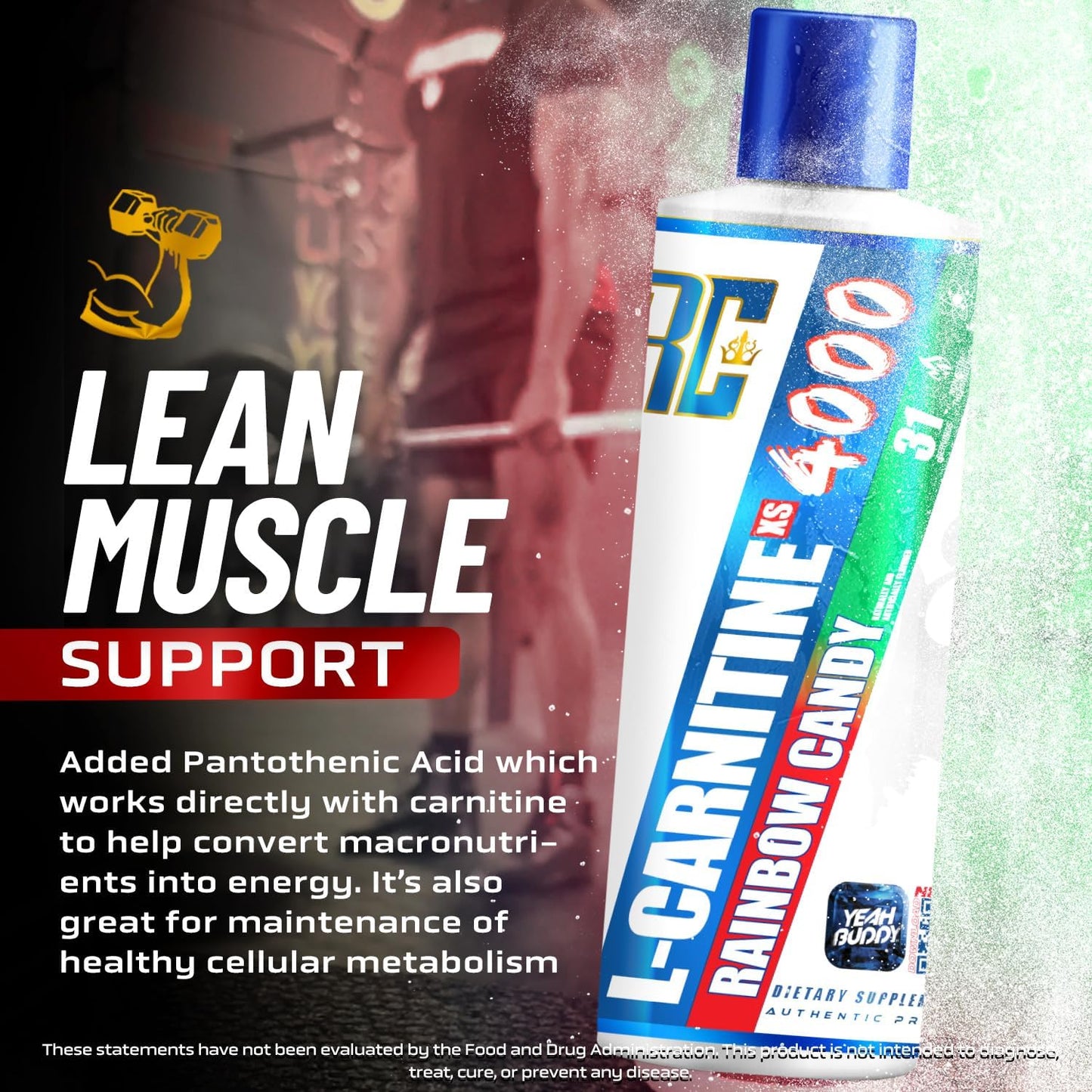 Ronnie Coleman Signature Series L Carnitine XS 4000 Liquid - Lean Muscle Strength Support - Stimulant & Sugar Free - 16 Oz Rainbow Candy Flavor