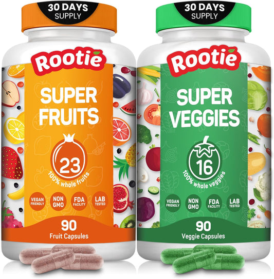 Rootie Whole Fruits and Veggies Supplement - 39 Powerful Blend, Fill Nutritional Gaps, Boost Energy and Well-being - Non-GMO, Vegan, Gluten Free - Made in USA (30 Day Supply)