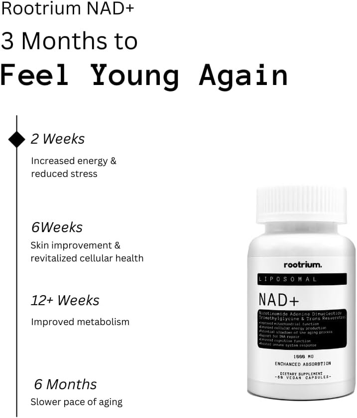 Rootrium Liposomal NAD+ 1000mg with Resveratrol & TMG - Energy, DNA Repair, Anti-Aging - Brain Function, Cellular Health - 60 Capsules