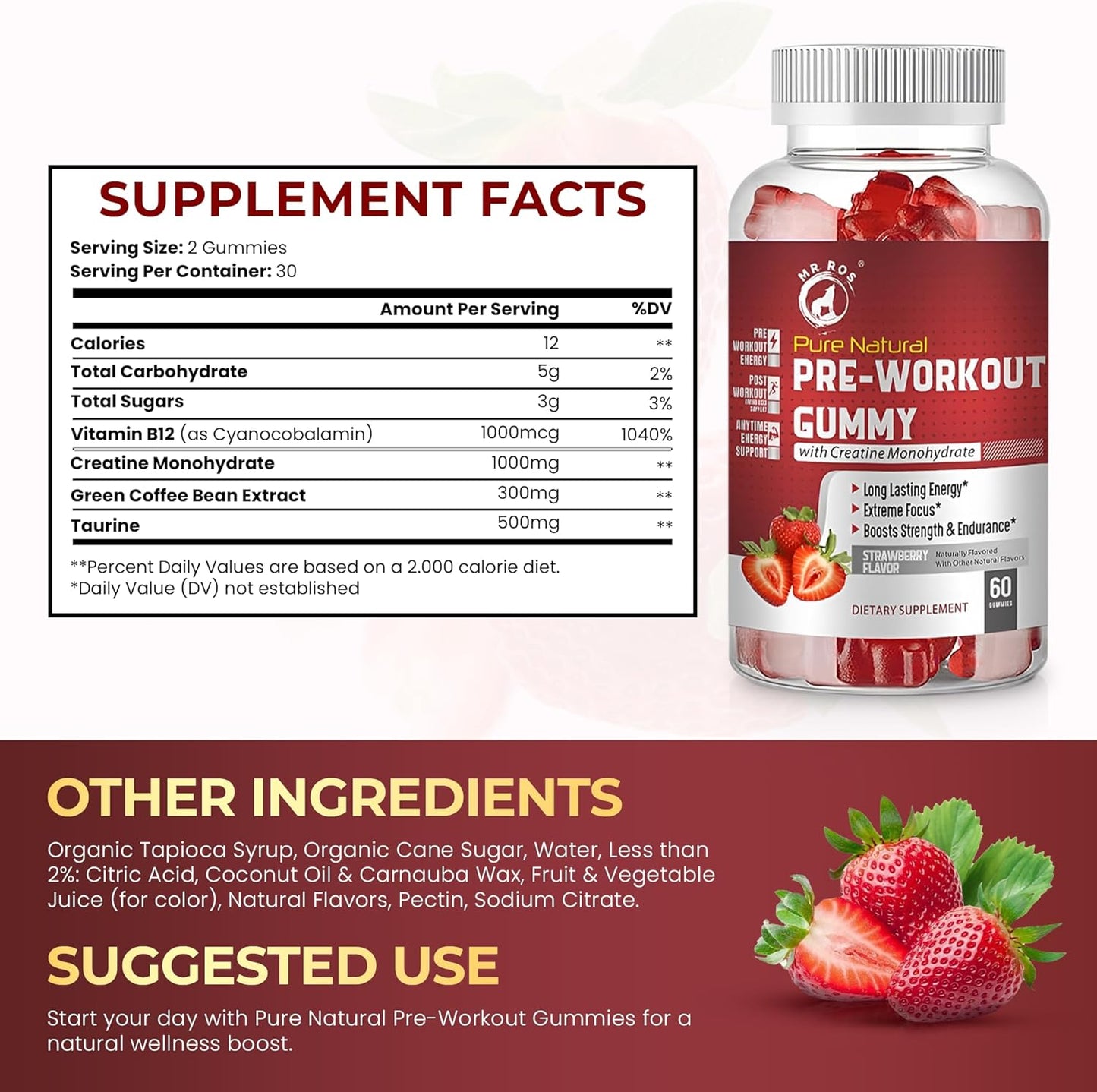 Ros Natural Pre-Workout Gummies with Creatine & Green Coffee Extract - Energy, Focus, Endurance Boost - Strawberry Flavor - 60 Gummies