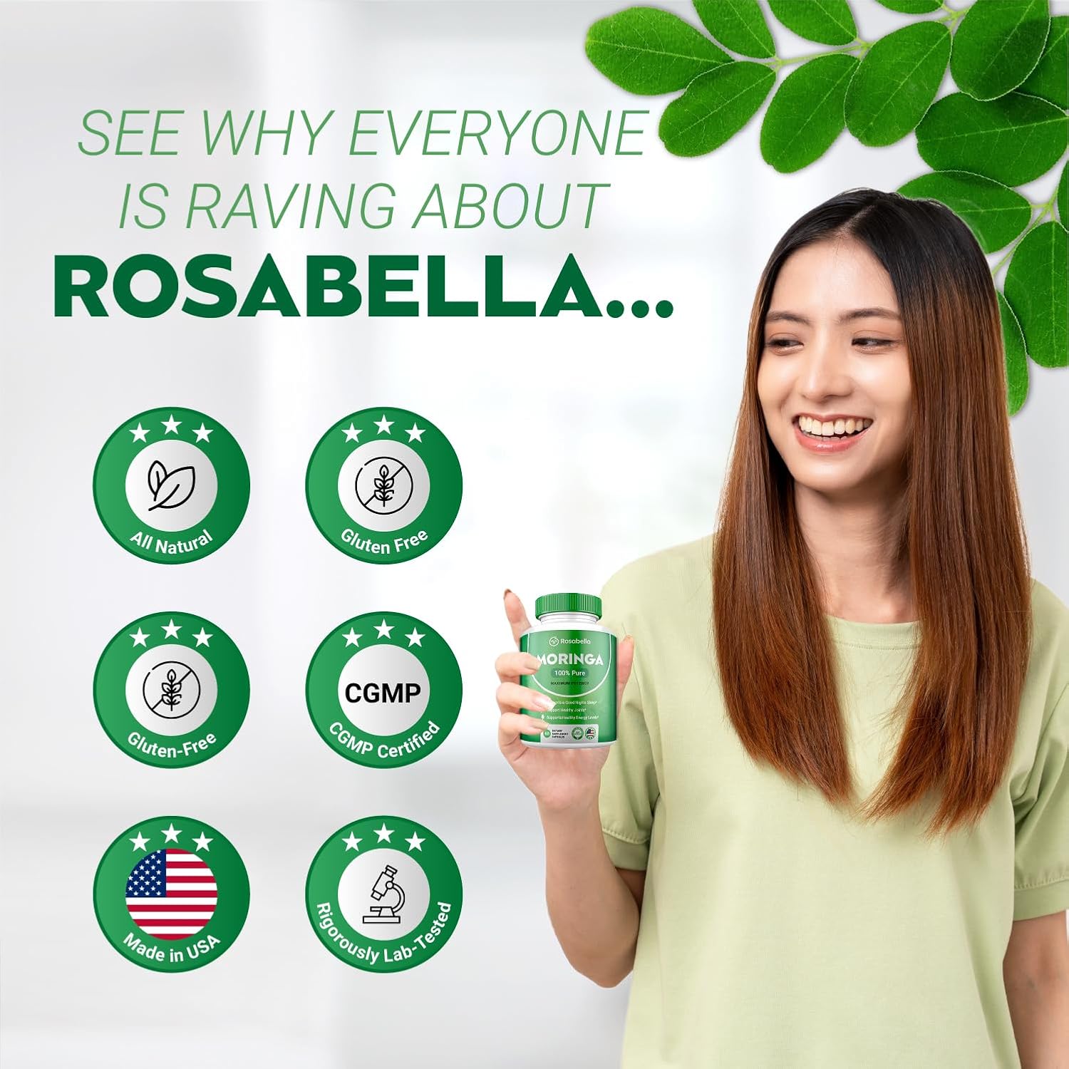 Rosabella Moringa Powder Capsules - Natural Green Antioxidant Superfood for Energy, Skin & Gut Health - Rich in Essential Vitamins & Amino Acids - 2 Pack