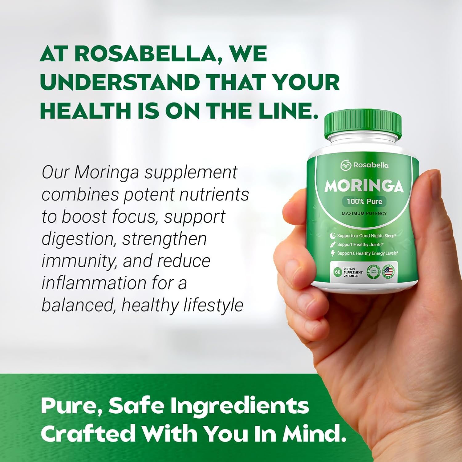 Rosabella Moringa Powder Capsules - Natural Green Antioxidant Superfood for Energy, Skin & Gut Health - Rich in Essential Vitamins & Amino Acids - 2 Pack