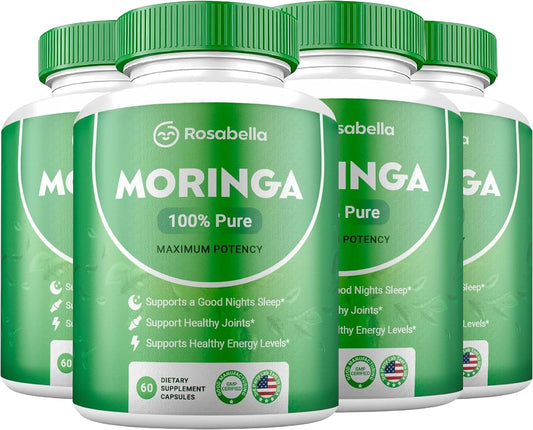 Rosabella Moringa Powder Capsules - Pure Nutrient-Rich Superfood for Energy, Skin & Gut Health - With Essential Vitamins and Amino Acids - Pack of 4