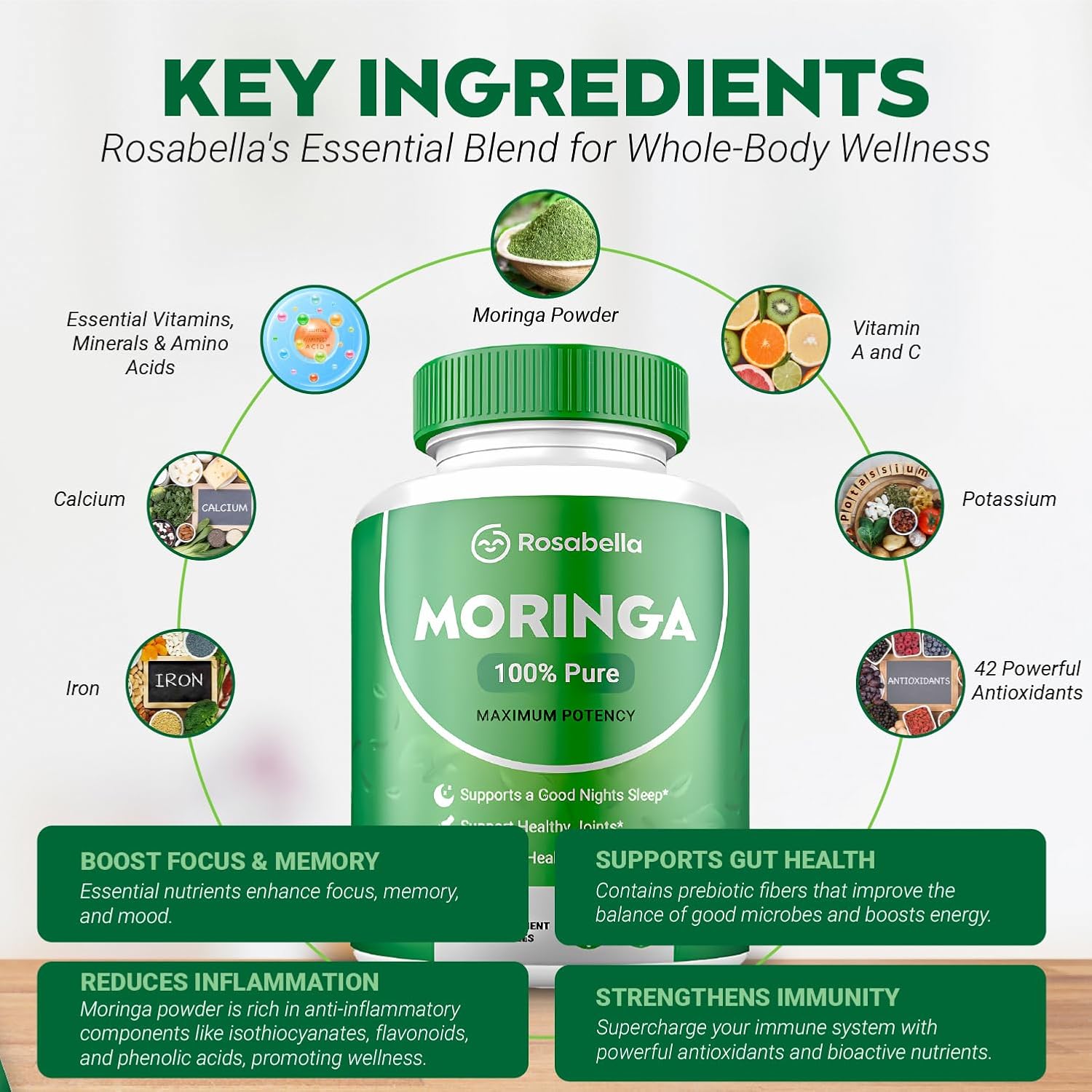 Rosabella Moringa Powder Capsules - Pure Nutrient-Rich Superfood for Energy, Skin & Gut Health - With Essential Vitamins and Amino Acids - Pack of 4