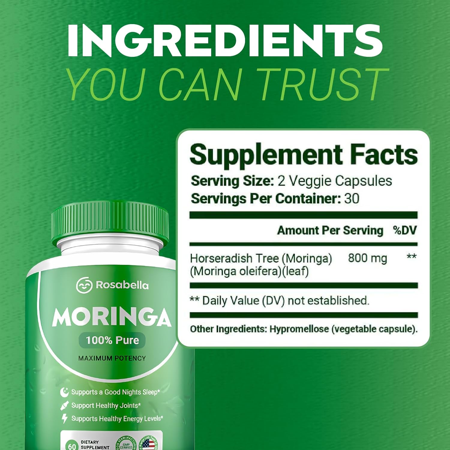 Rosabella Moringa Powder Capsules - Pure Nutrient-Rich Superfood for Energy, Skin & Gut Health - With Essential Vitamins and Amino Acids - Pack of 4
