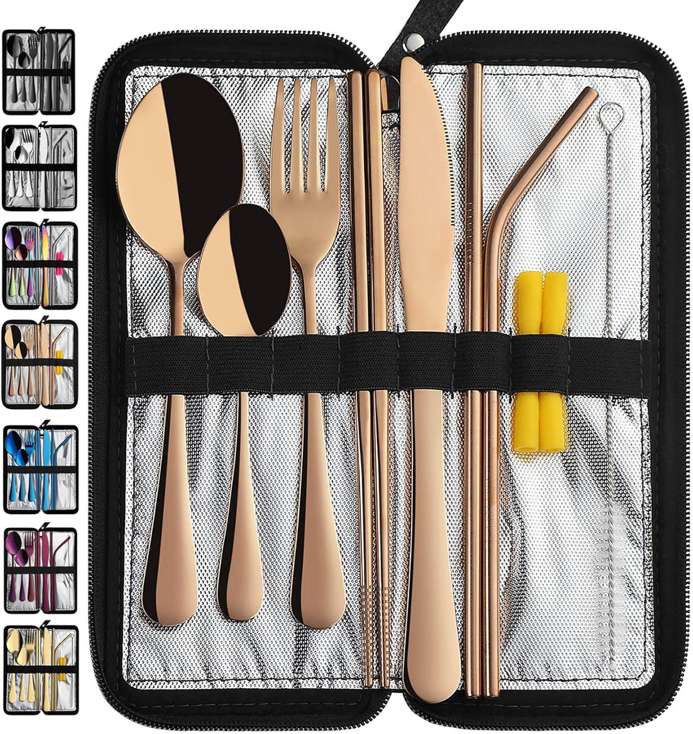 Rose Gold Portable Travel Utensils Set - Reusable Stainless Steel Flatware with Case for Camping and Picnics - 9 Piece Cutlery Set