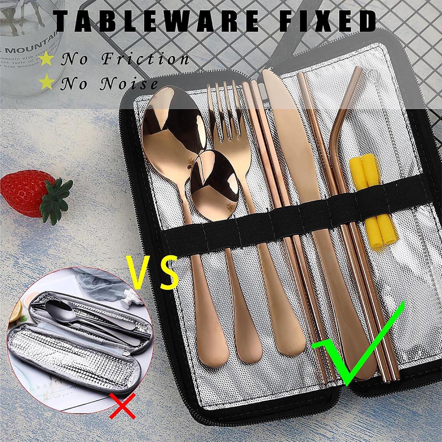 Rose Gold Portable Travel Utensils Set - Reusable Stainless Steel Flatware with Case for Camping and Picnics - 9 Piece Cutlery Set