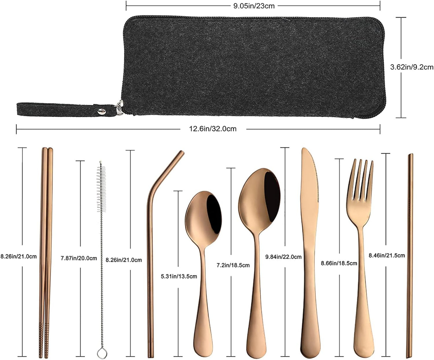 Rose Gold Portable Travel Utensils Set - Reusable Stainless Steel Flatware with Case for Camping and Picnics - 9 Piece Cutlery Set