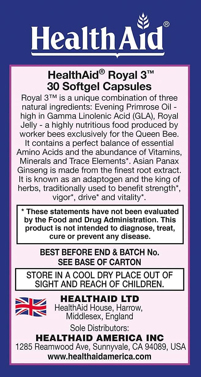 Royal 3 Capsules with Evening Primrose Oil, Royal Jelly & Ginseng - Once Daily Supplement (30 Count)