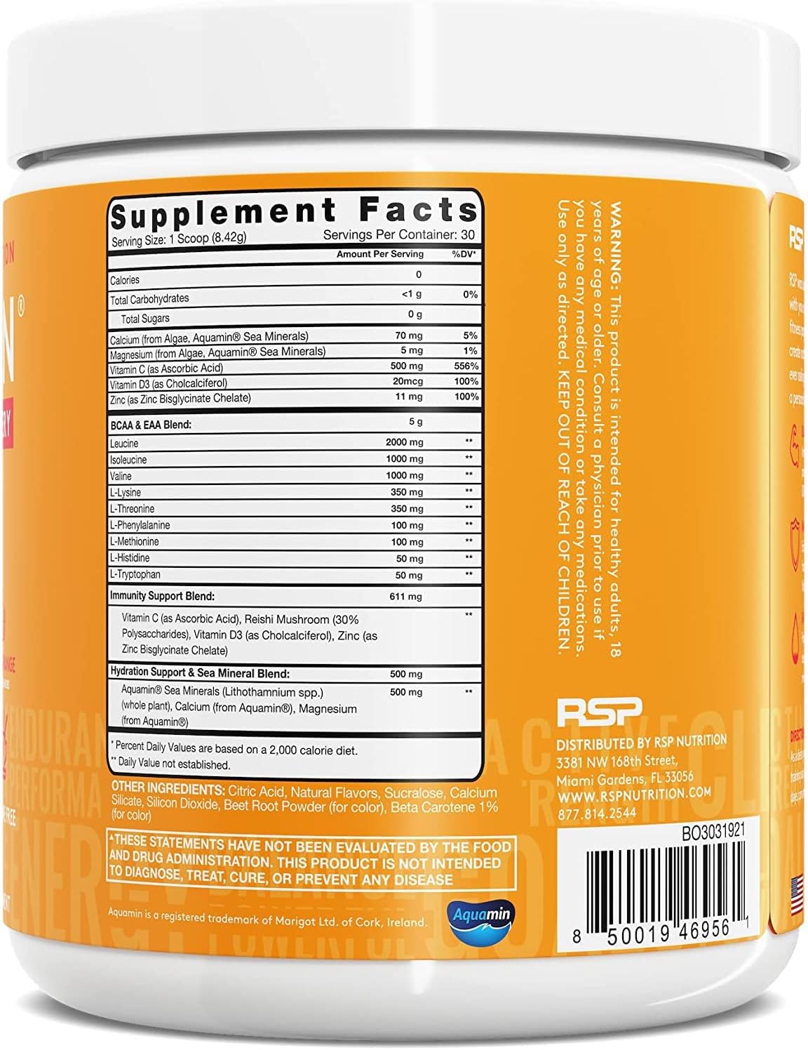 RSP AminoLean Recovery: Post-Workout BCAAs Supplement with Electrolytes, Hydration Boost, & Immunity Support - Blood Orange Vegan Aminos - Muscle Recovery Drink