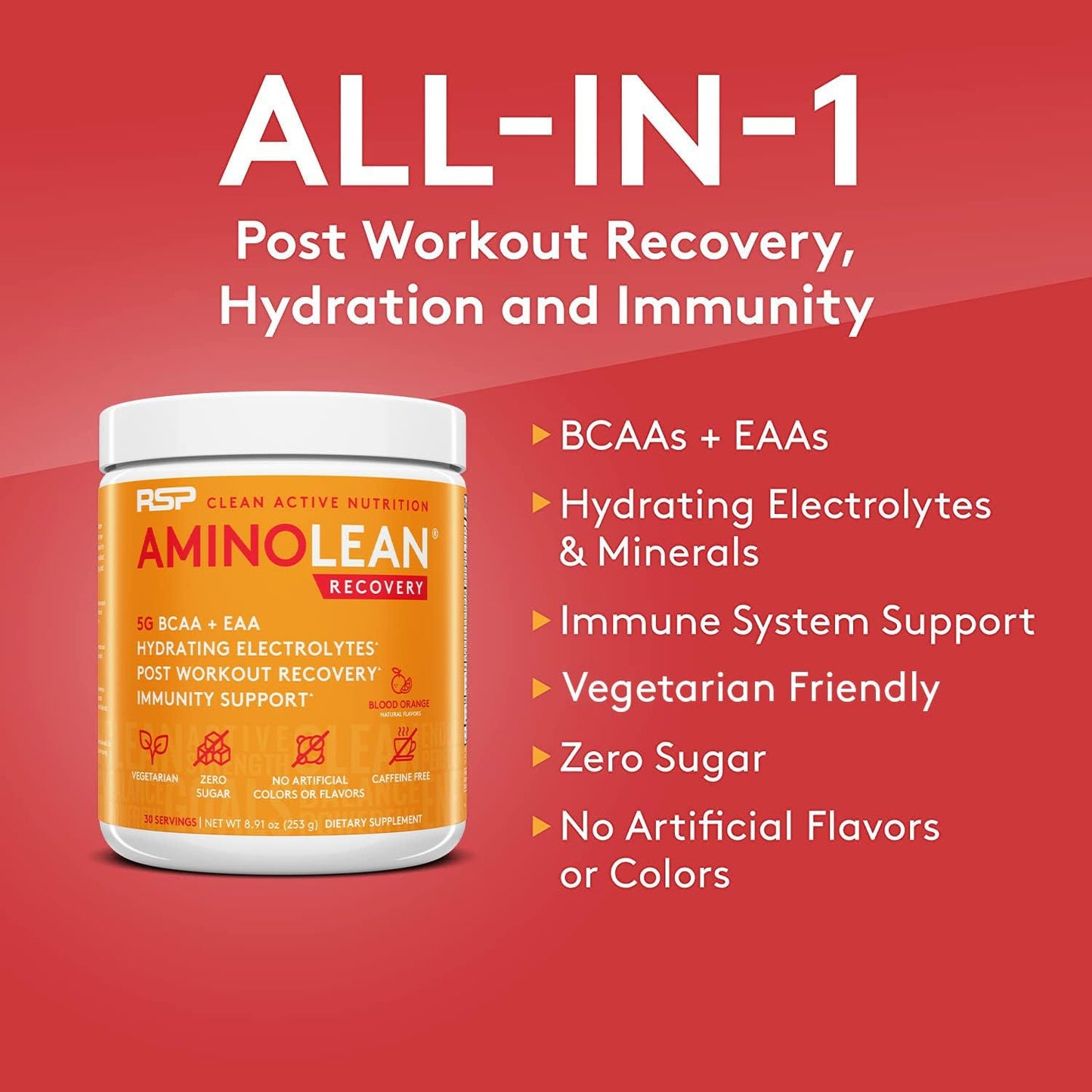 RSP AminoLean Recovery: Post-Workout BCAAs Supplement with Electrolytes, Hydration Boost, & Immunity Support - Blood Orange Vegan Aminos - Muscle Recovery Drink