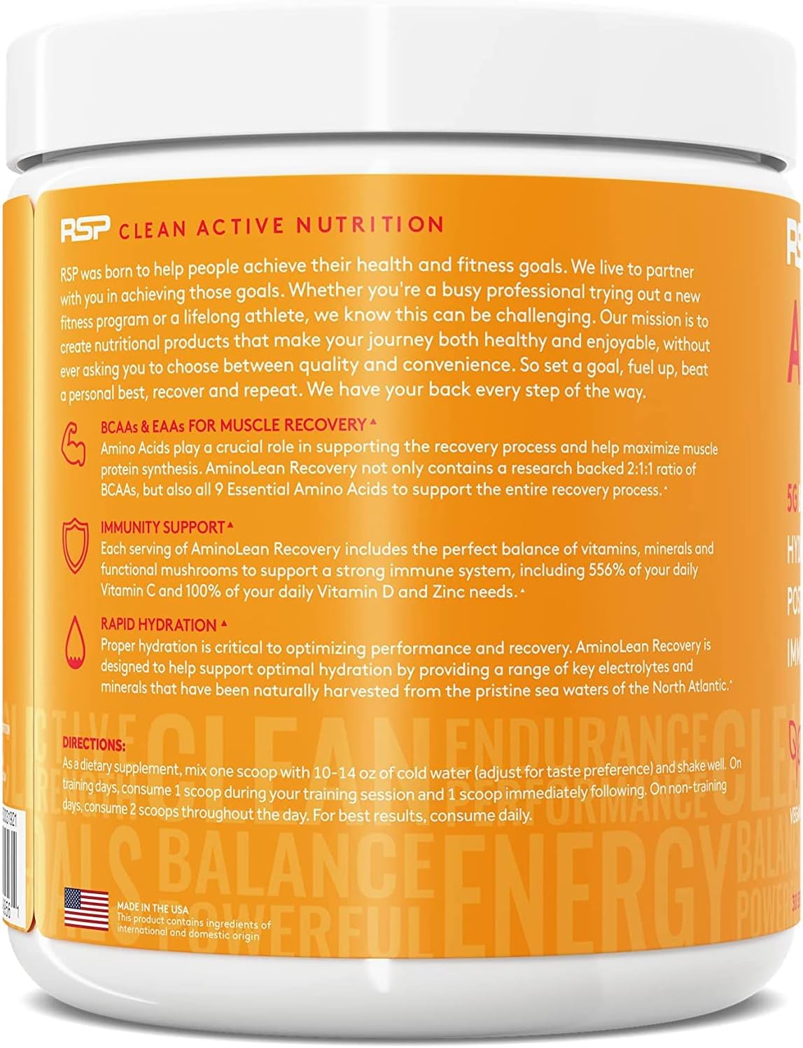 RSP AminoLean Recovery: Post-Workout BCAAs Supplement with Electrolytes, Hydration Boost, & Immunity Support - Blood Orange Vegan Aminos - Muscle Recovery Drink