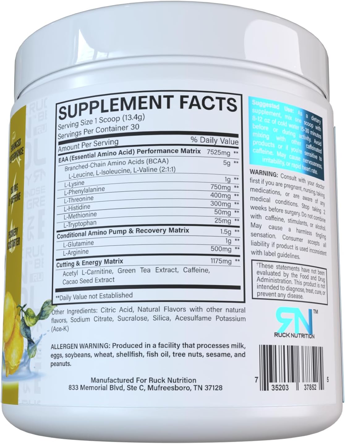 RUCK NUTRITION EAA Supplement - Full Spectrum Essential Amino Acids + BCAAs for Hydration, Energy, Recovery (30 Servings, Lit Lemon)