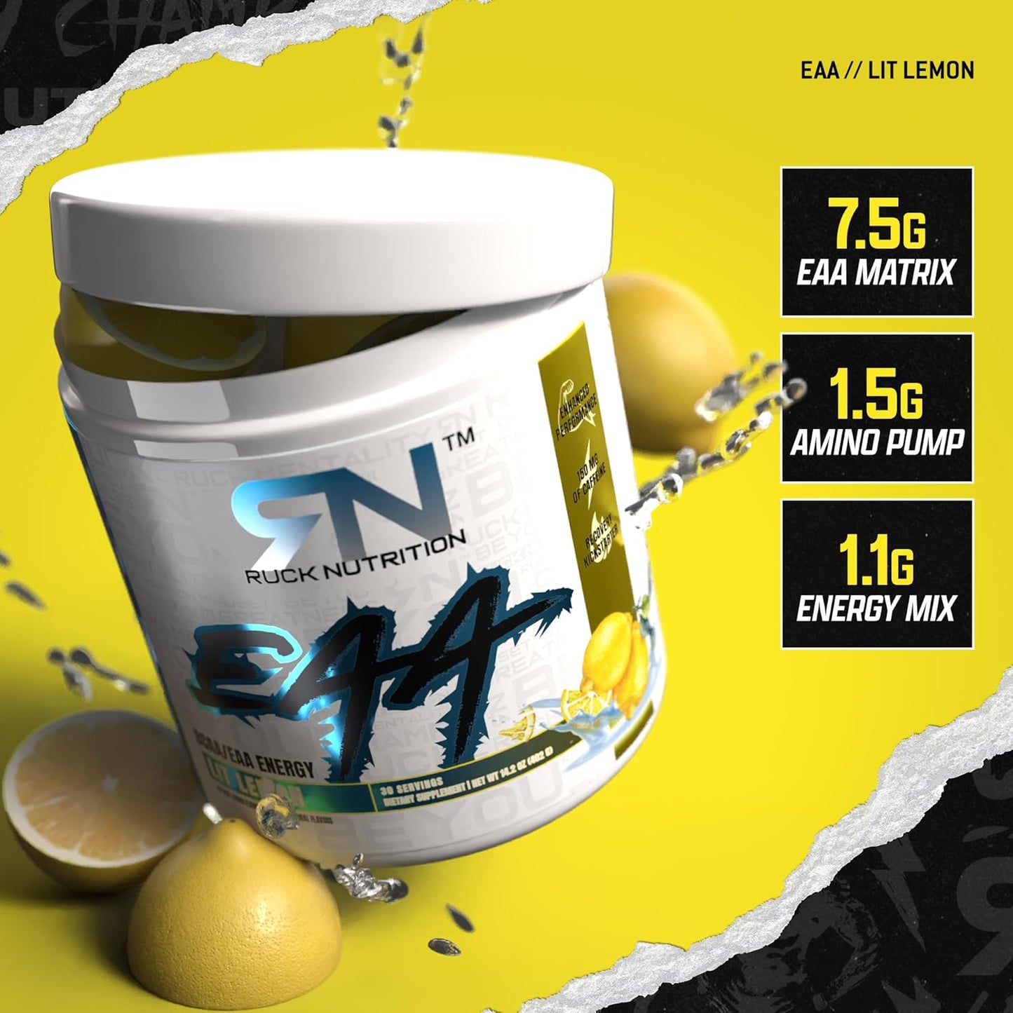 RUCK NUTRITION EAA Supplement - Full Spectrum Essential Amino Acids + BCAAs for Hydration, Energy, Recovery (30 Servings, Lit Lemon)