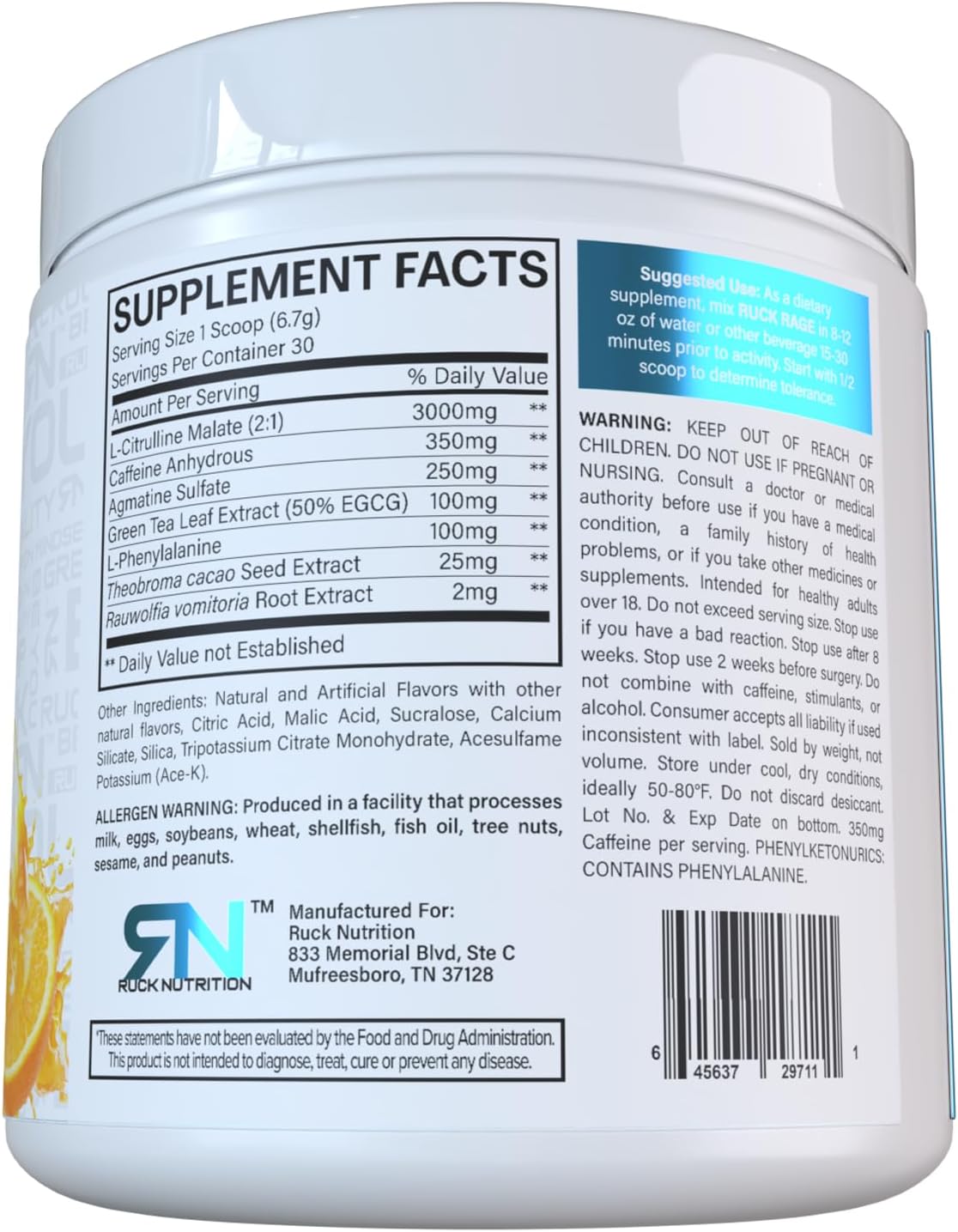 RUCK NUTRITION Rage Pre-Workout Supplement - 30 Servings for Energy Boost and Pump Enhancement with Citrulline, Caffeine, and Green Tea Leaf - Orange Burst Flavor