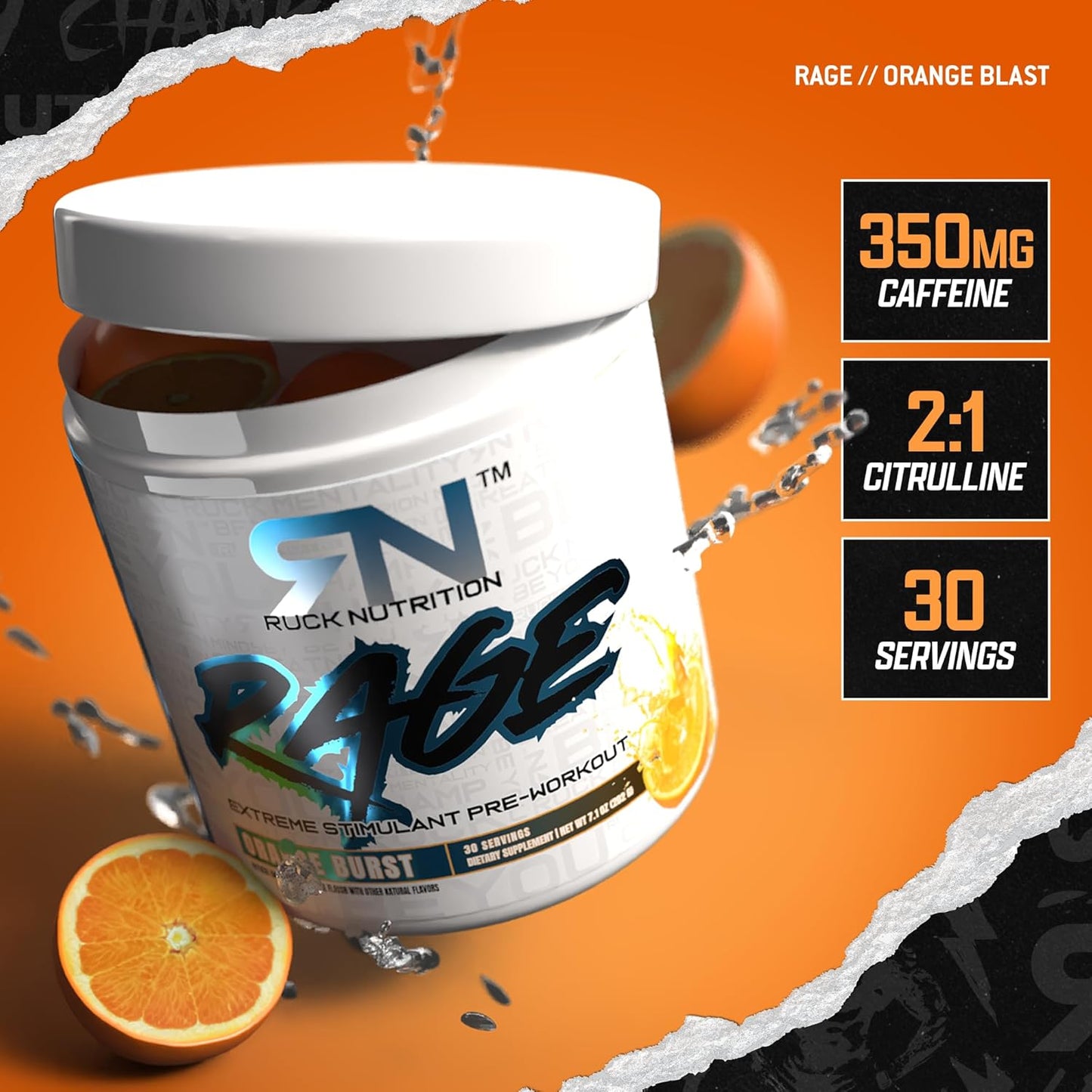 RUCK NUTRITION Rage Pre-Workout Supplement - 30 Servings for Energy Boost and Pump Enhancement with Citrulline, Caffeine, and Green Tea Leaf - Orange Burst Flavor