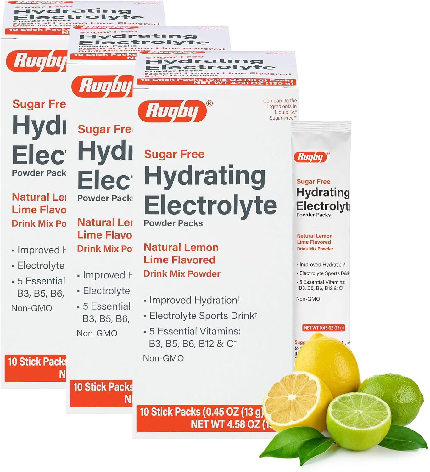 RUGBY LABORATORIES Electrolyte Drink Mix Powder Packets - Sugar-Free Hydration - Lemon-Lime Flavor - 5 Vitamins - 10 Stick Packs - 0.45 Oz Each - 3 Pack