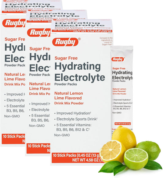 RUGBY LABORATORIES Electrolyte Drink Mix Powder Packets - Sugar-Free Hydration - Lemon-Lime Flavor - 5 Vitamins - 10 Stick Packs - 0.45 Oz Each - 3 Pack