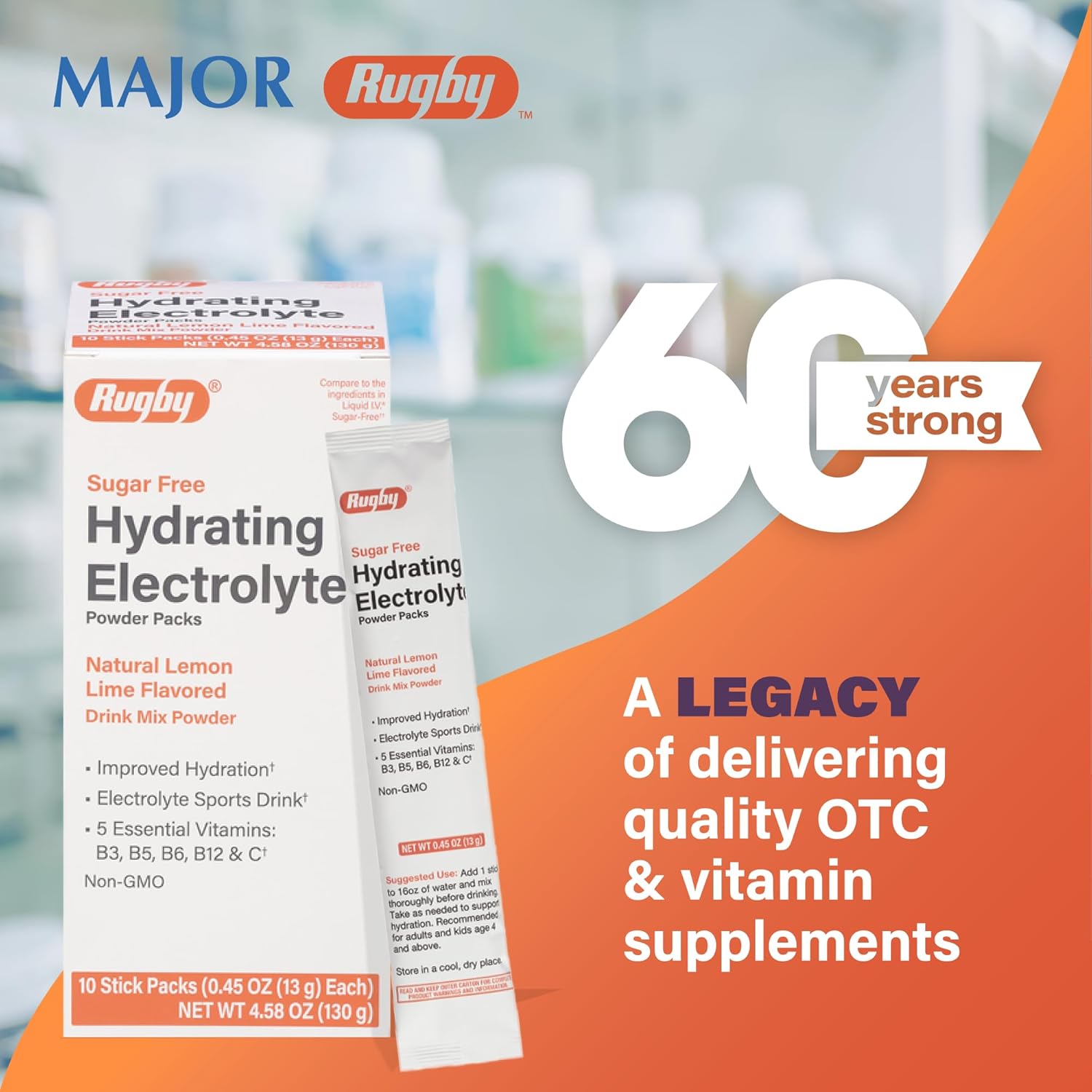 RUGBY LABORATORIES Electrolyte Drink Mix Powder Packets - Sugar-Free Hydration - Lemon-Lime Flavor - 5 Vitamins - 10 Stick Packs - 0.45 Oz Each - 3 Pack