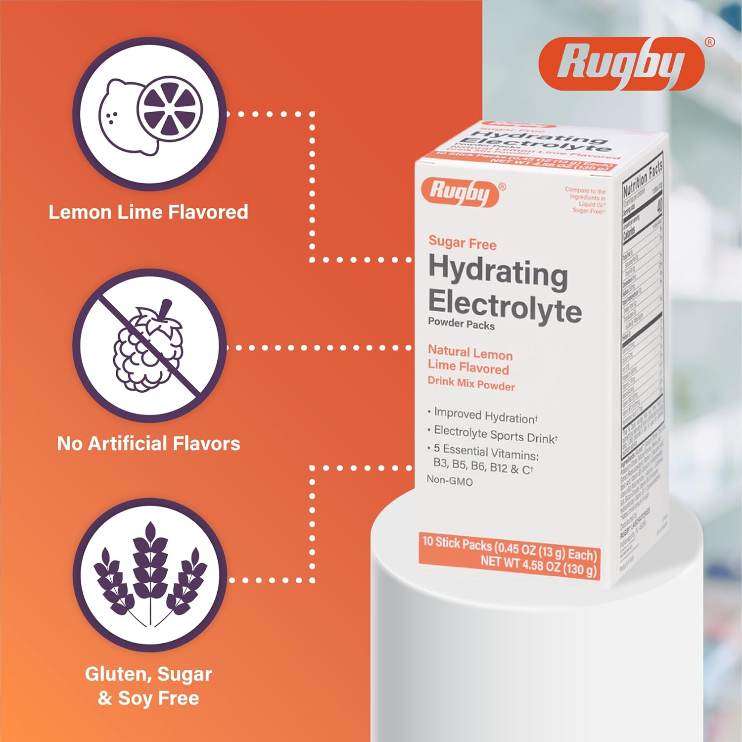 RUGBY LABORATORIES Electrolyte Drink Mix Powder Packets - Sugar-Free Hydration - Lemon-Lime Flavor - 5 Vitamins - 10 Stick Packs - 0.45 Oz Each - 3 Pack