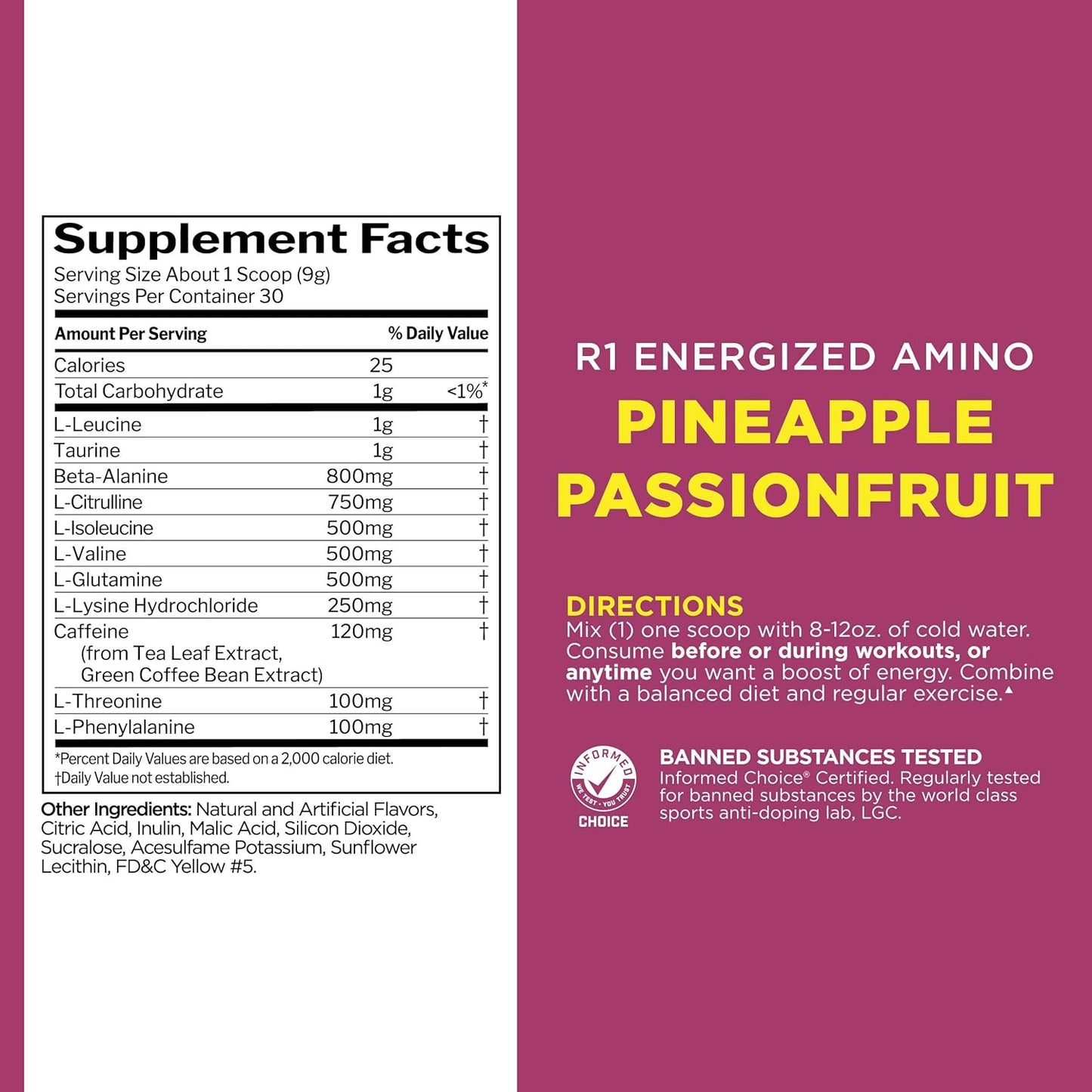 Rule 1 Energized Amino: Anytime Energy & Recovery Support Supplement with BCAAs & Caffeine (Pineapple Passionfruit, 30 Servings)