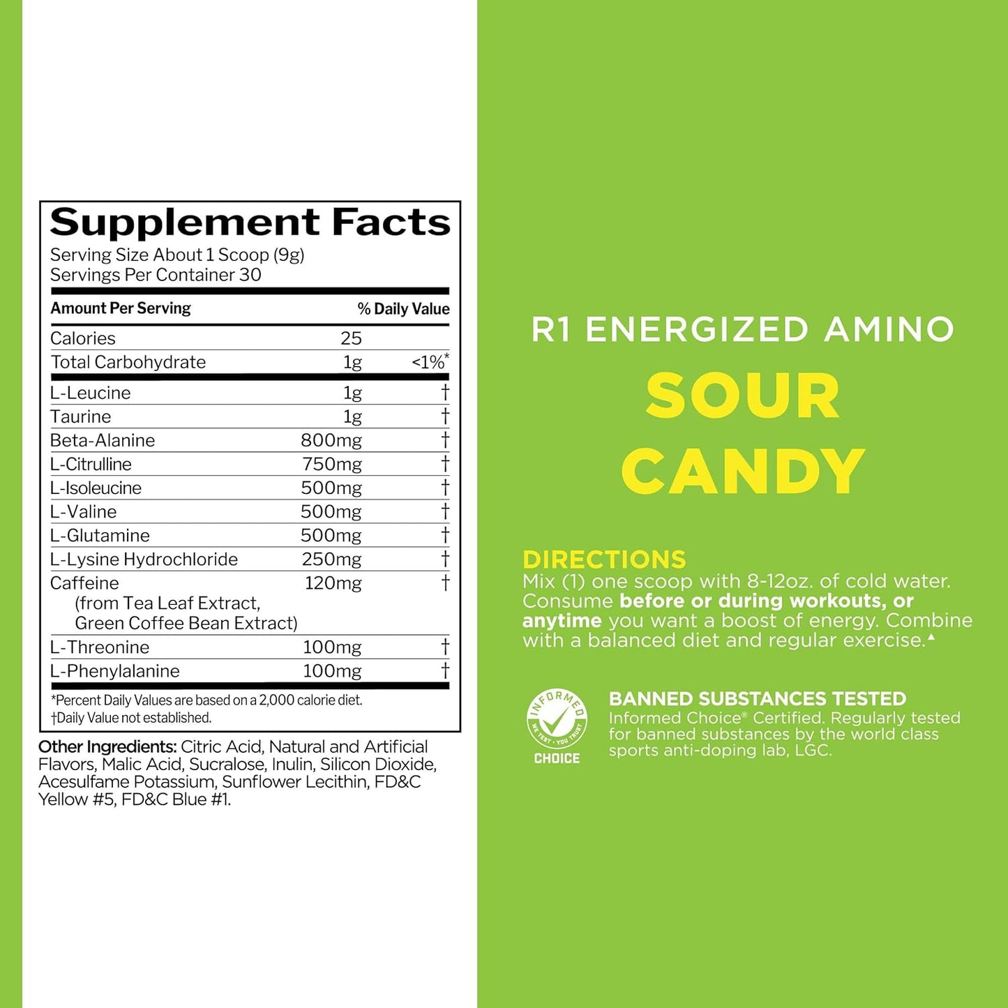 Rule 1 Energized Amino: BCAA Energy and Recovery Support (Sour Candy, 30 Servings)