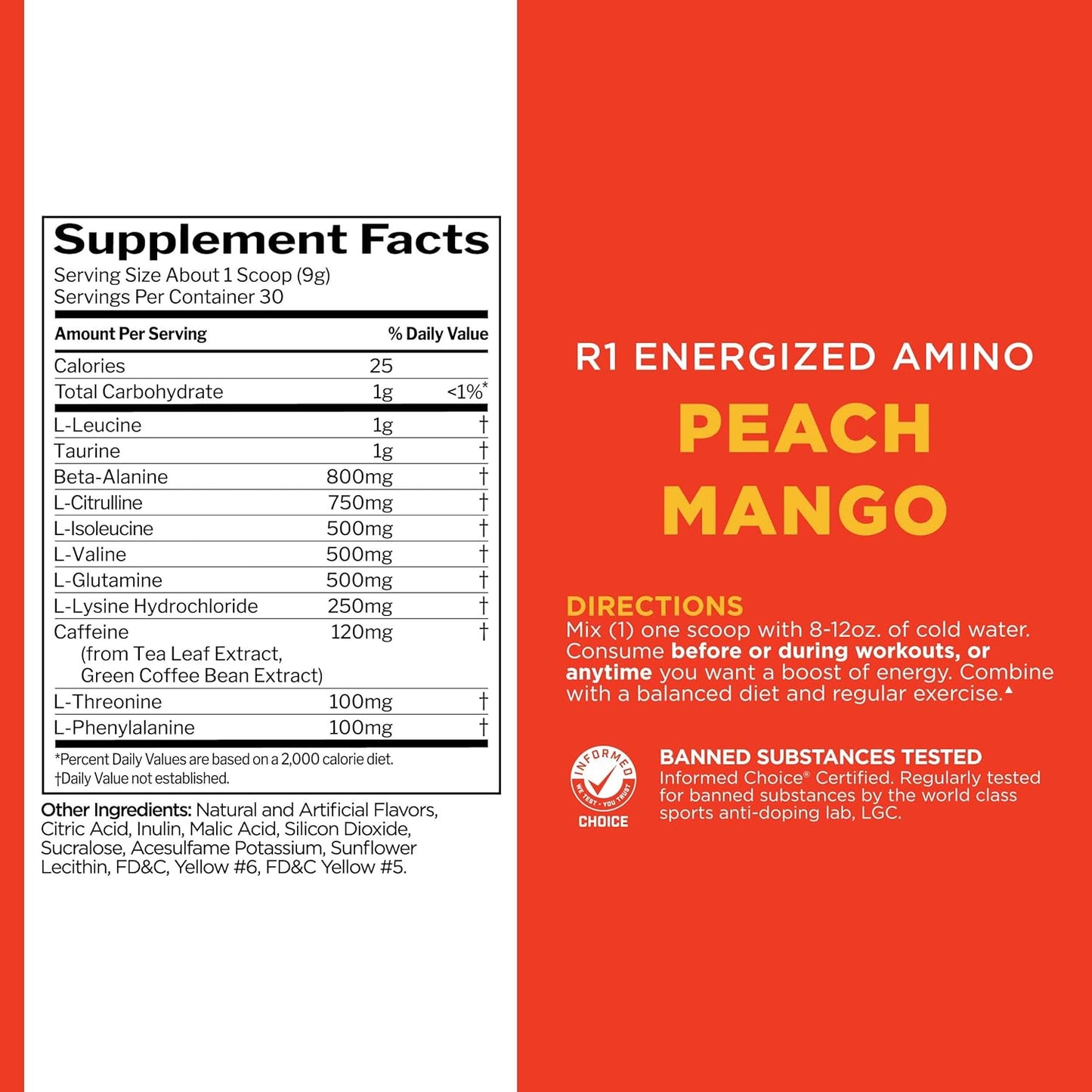 Rule 1 Proteins Energized Amino - Energy and Recovery Support with BCAAs, Glutamine, Citrulline, Beta Alanine, and Caffeine - Peach Mango Flavor - 30 Servings