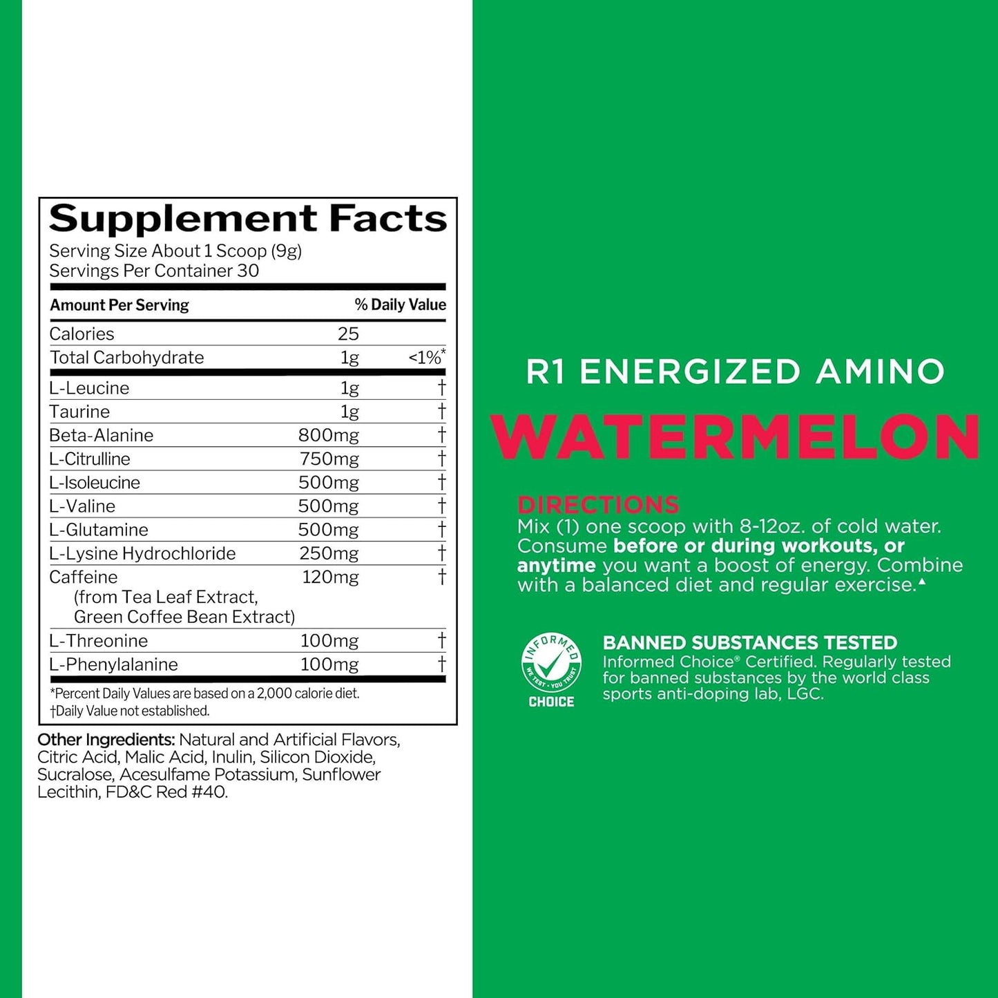 Rule 1 Proteins Energized Amino: Energy & Recovery Support with BCAAs, Glutamine, Citrulline, Beta Alanine, Caffeine - Watermelon Flavor (30 Servings)