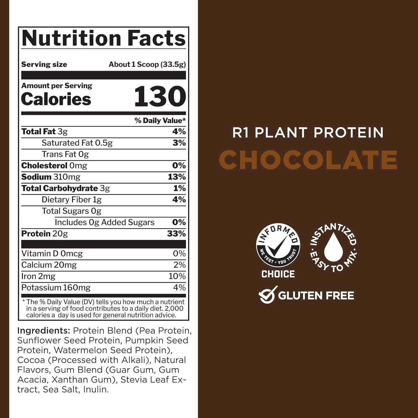 Rule 1 Proteins Plant Protein Powder - Vegan, Gluten-Free, Dairy Free, Soy Free - 20g Protein per Serving - Chocolate Flavor - 20 Servings