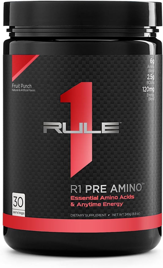 Rule 1 Proteins Pre Amino Acid Complex Fruit Punch - Natural Caffeine Energy Boost with Endurance and Focus Support - 30 Servings