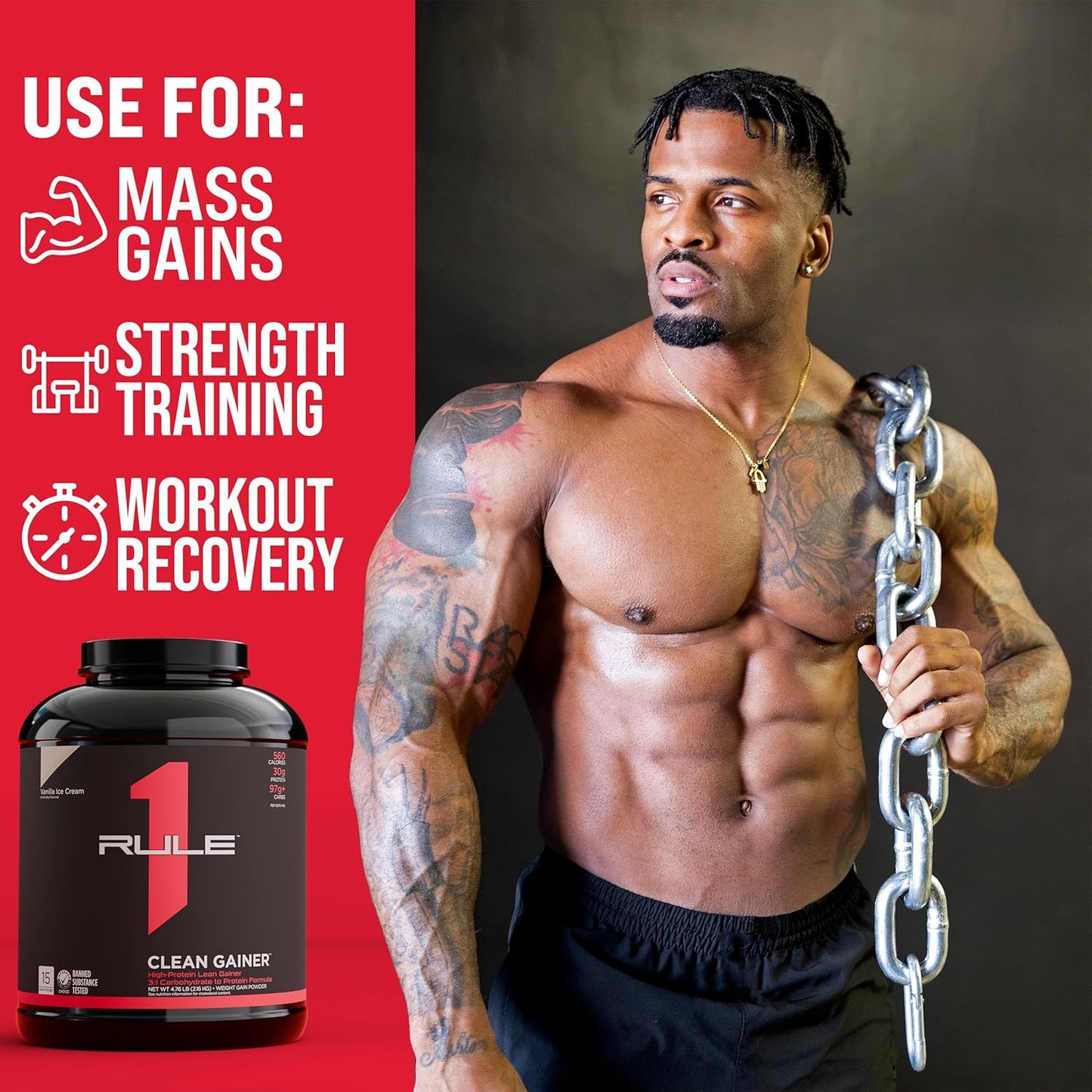 Rule 1 Proteins R1 Clean Gainer: High-Protein Lean Gain Formula - 560 Calories, 30g Protein, 90g Carbs, Low Fat - Cookies & Crème - 30 Servings