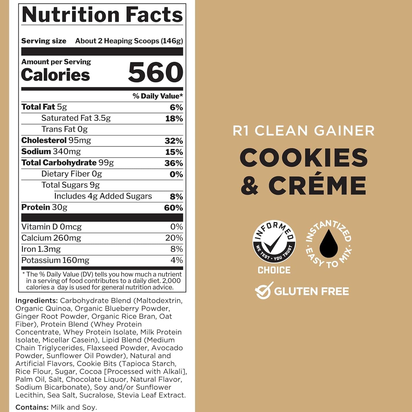 Rule 1 Proteins R1 Clean Gainer: High-Protein Lean Gain Formula - 560 Calories, 30g Protein, 90g Carbs, Low Fat - Cookies & Crème - 30 Servings