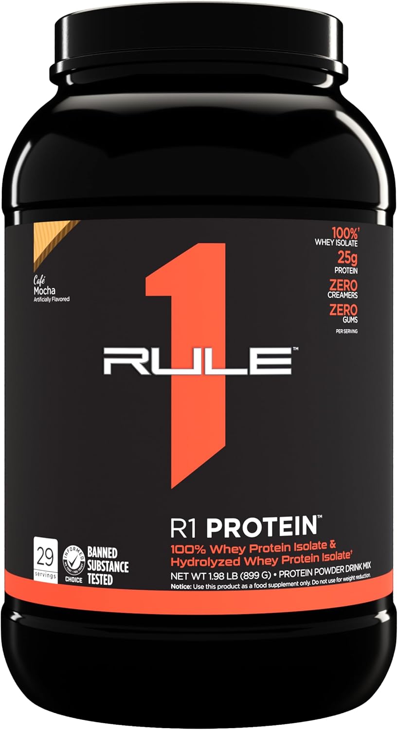Rule 1 Proteins R1 Protein Café Mocha Flavor - 25g Isolate and Hydrolysate Protein Powder with 6g BCAAs for Fast-Acting Results (2 lbs)