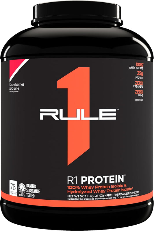 Rule 1 Proteins R1 Protein Strawberries & Creme 5lbs - 25g Fast-Acting Isolate & Hydrolysate Powder with 6g BCAAs for Muscle Growth & Recovery