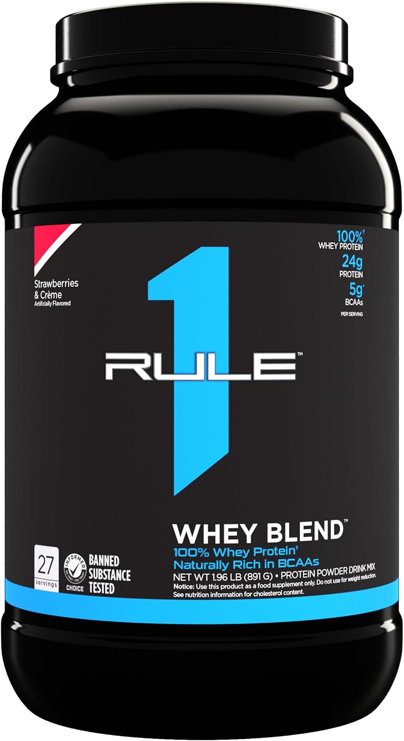 Rule 1 Proteins Whey Blend - Strawberries & Crème, 24g Protein Per Serving, Fast-Acting Whey Concentrates, Isolates, and Hydrolysates, 2lbs