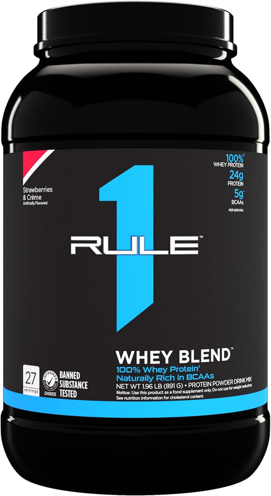 Rule 1 Proteins Whey Blend - Strawberries & Crème, 24g Protein Per Serving, Fast-Acting Whey Concentrates, Isolates, and Hydrolysates, 2lbs