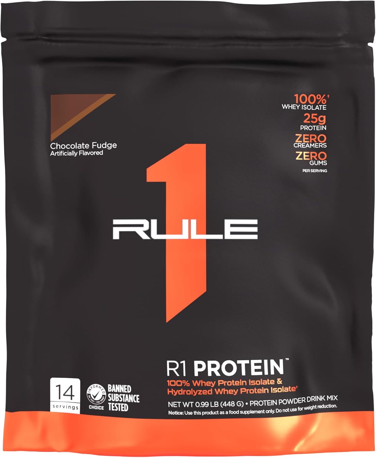 Rule 1 R1 Protein, Chocolate Fudge Flavor - 1.07 lbs Powder with 25g Whey Isolate & Hydrolysate + 6g BCAAs - 16 Servings