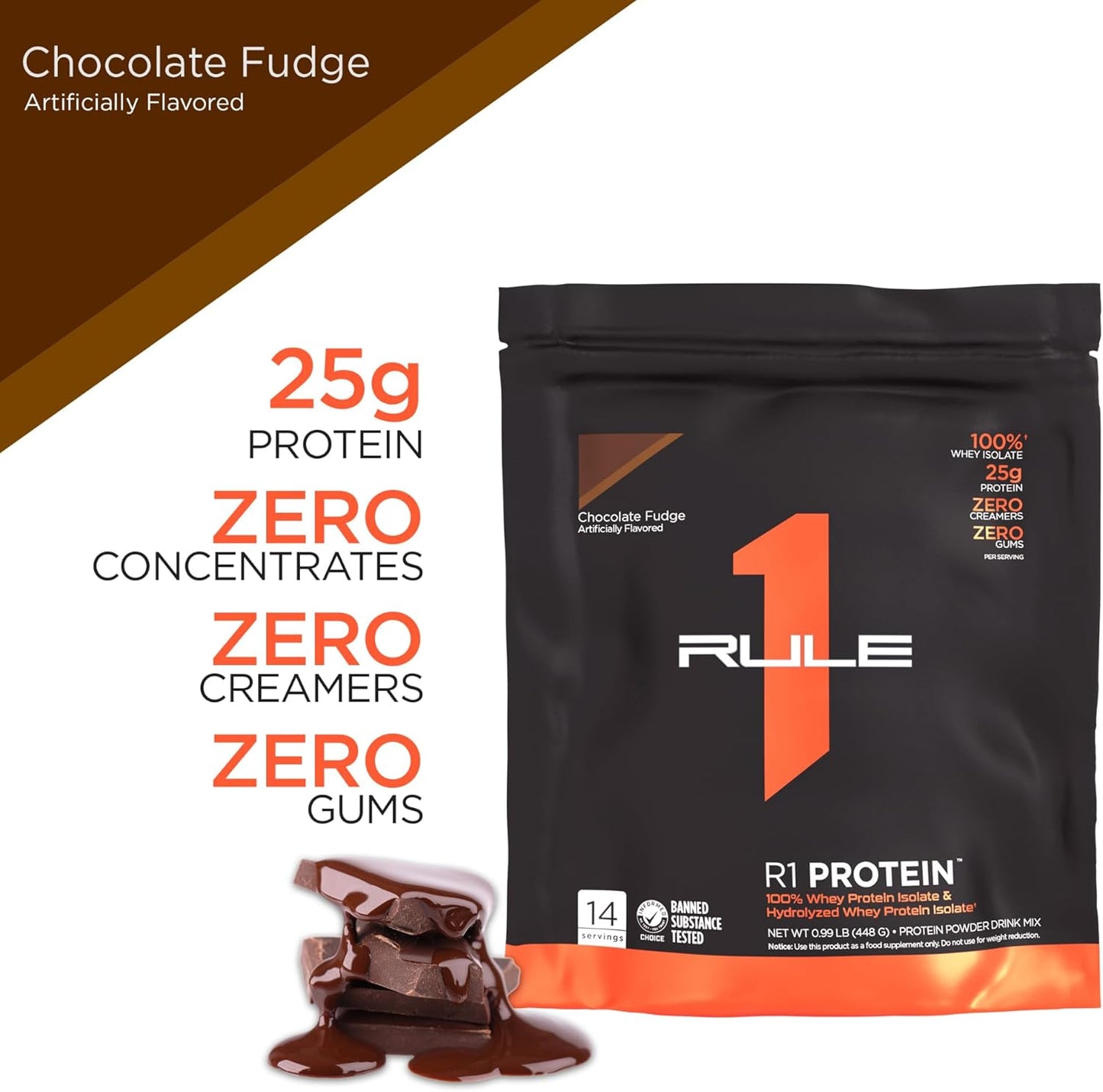 Rule 1 R1 Protein, Chocolate Fudge Flavor - 1.07 lbs Powder with 25g Whey Isolate & Hydrolysate + 6g BCAAs - 16 Servings