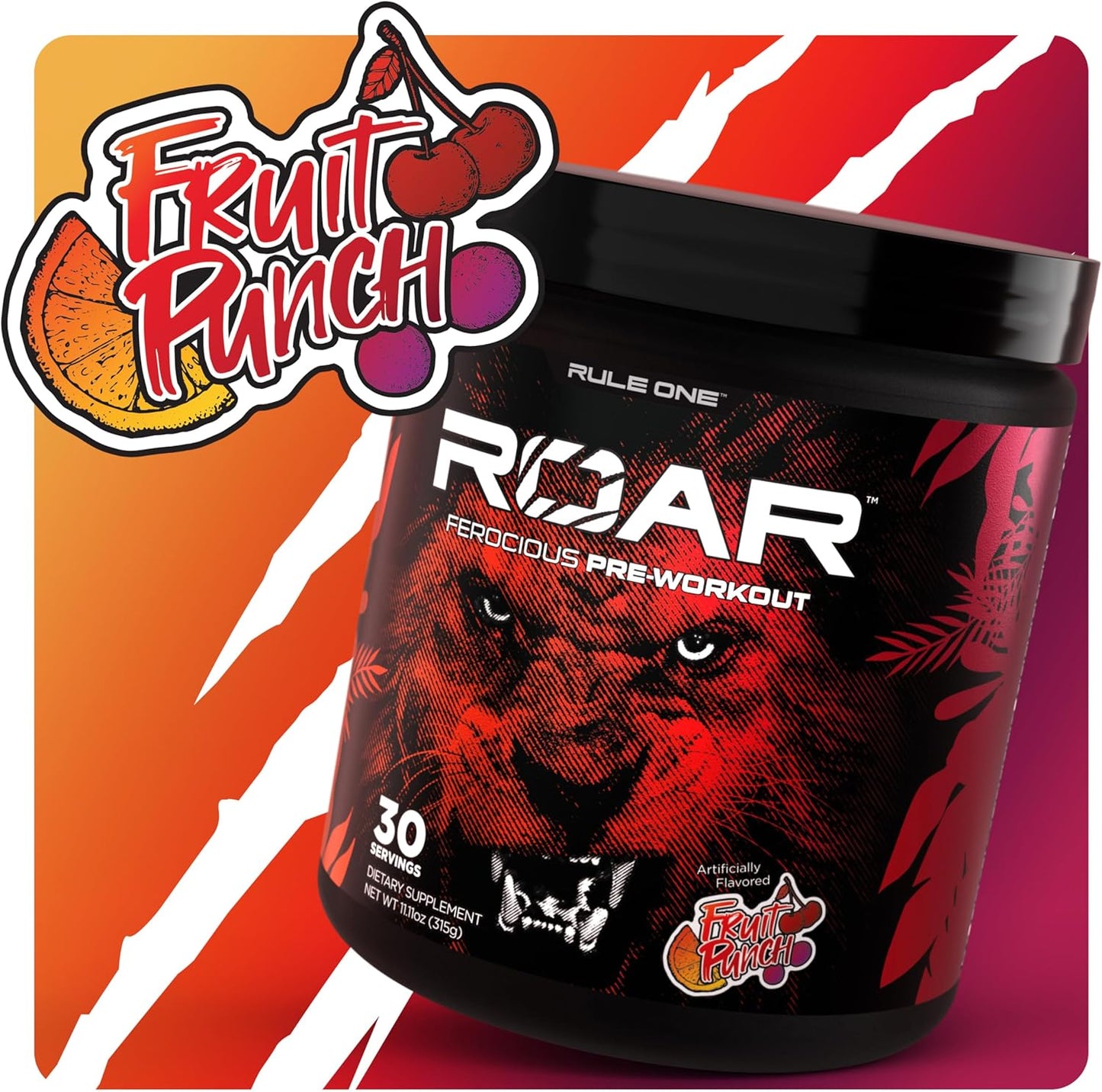 Rule 1 R1 Roar Pre-Workout Powder - Creatine, Beta-Alanine, Citrulline, Electrolytes & Caffeine, Fruit Punch (30 Servings)