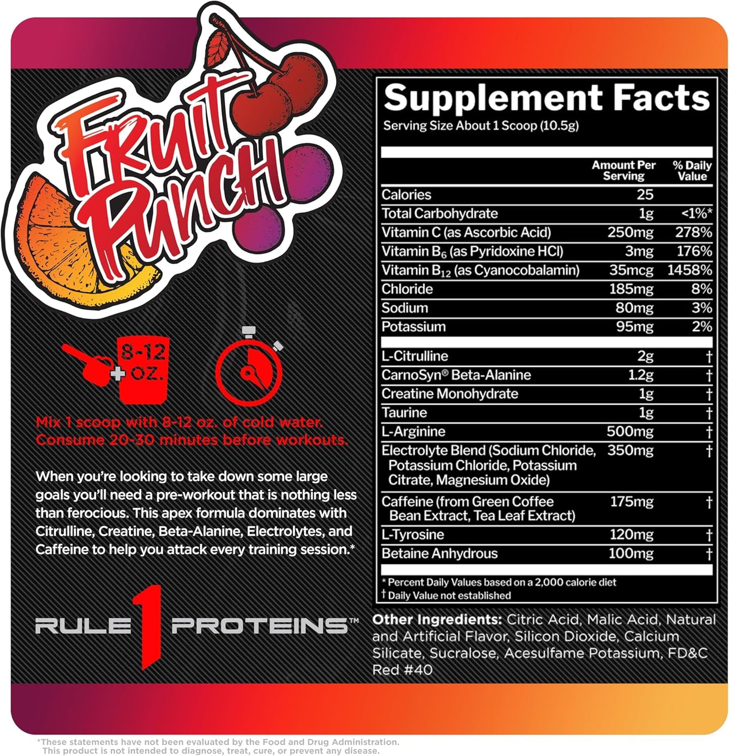 Rule 1 R1 Roar Pre-Workout Powder - Creatine, Beta-Alanine, Citrulline, Electrolytes & Caffeine, Fruit Punch (30 Servings)