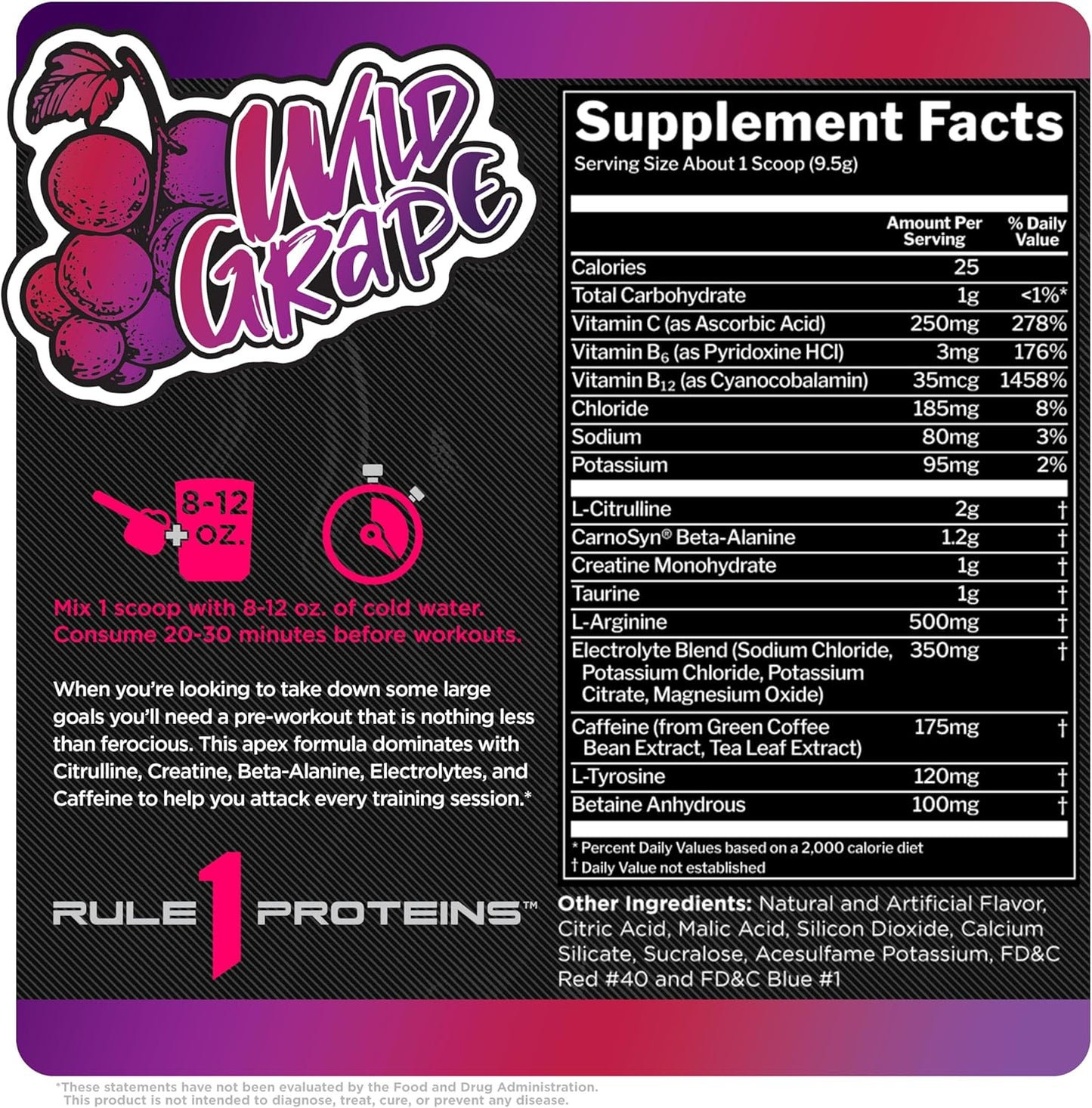 Rule 1 R1 Roar Pre-Workout Powder - Wild Grape Flavor with Creatine, Beta-Alanine, Citrulline, Electrolytes, and Caffeine - 30 Servings