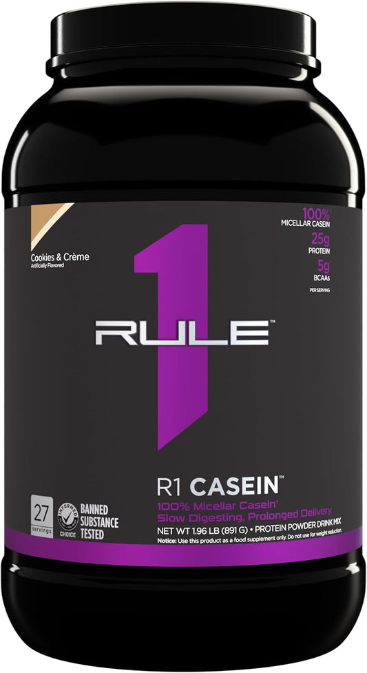 Rule One Proteins Casein - 25g Slow-Release Micellar Casein Protein, Sustained Amino Acid Delivery for Overnight Muscle Recovery (2lb, Cookies & Crème)