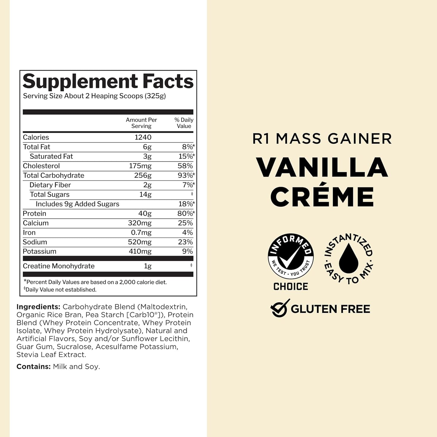 Rule One Proteins Mass Gainer - Vanilla Crème, High-Calorie Weight Gain Formula with 1220+ Calories