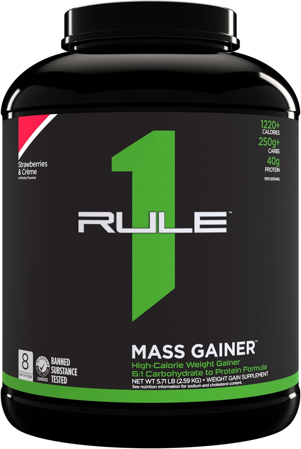 Rule One Proteins Mass Gainer Strawberries & Crème - High-Calorie Weight Gain Formula with 1,220+ Calories, 250g+ Complex Carb Blend, 40g All-Whey Protein, 8g Fat Per Serving - 6 Pounds, 8 Servings