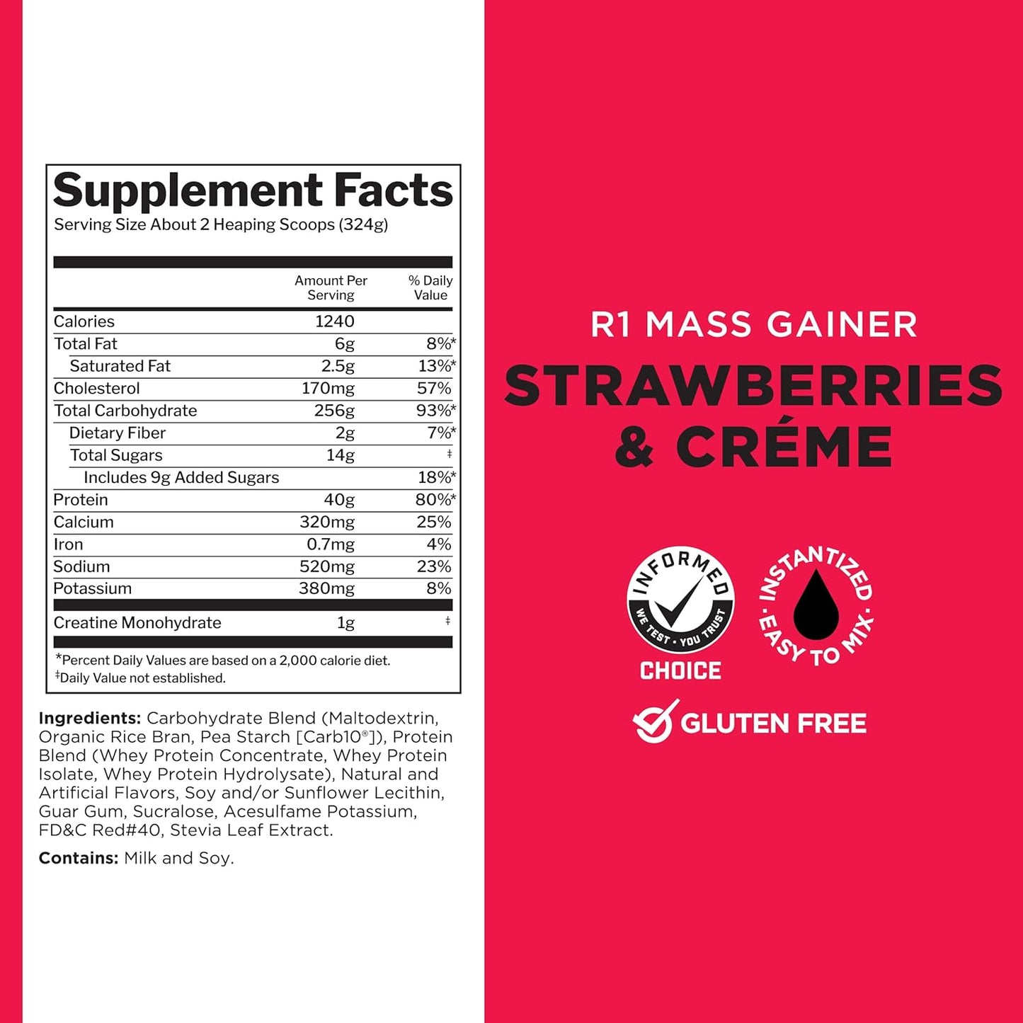 Rule One Proteins Mass Gainer Strawberries & Crème - High-Calorie Weight Gain Formula with 1,220+ Calories, 250g+ Complex Carb Blend, 40g All-Whey Protein, 8g Fat Per Serving - 6 Pounds, 8 Servings