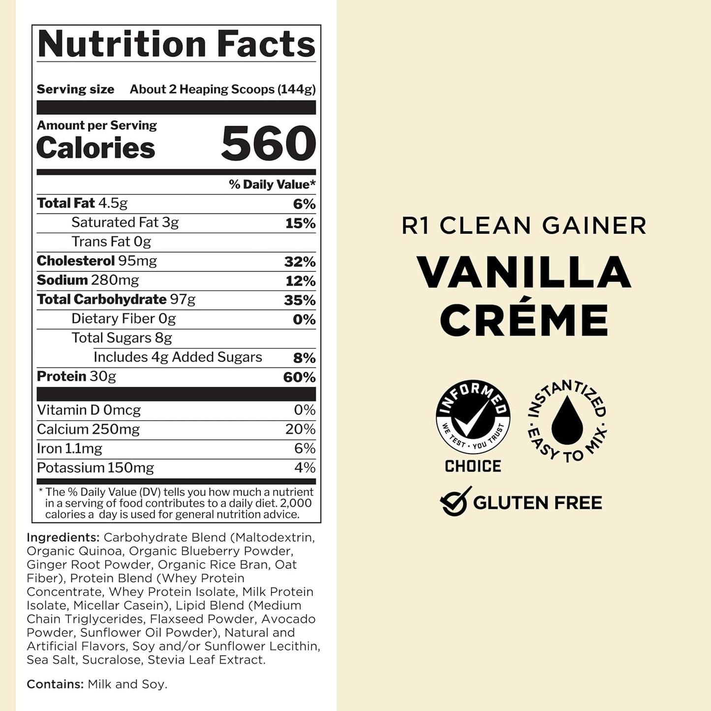 Rule One Proteins R1 Clean Gainer Vanilla Crème - 560 Calories, 30g Protein, 90g Carbs, Low Fat - 30 Servings