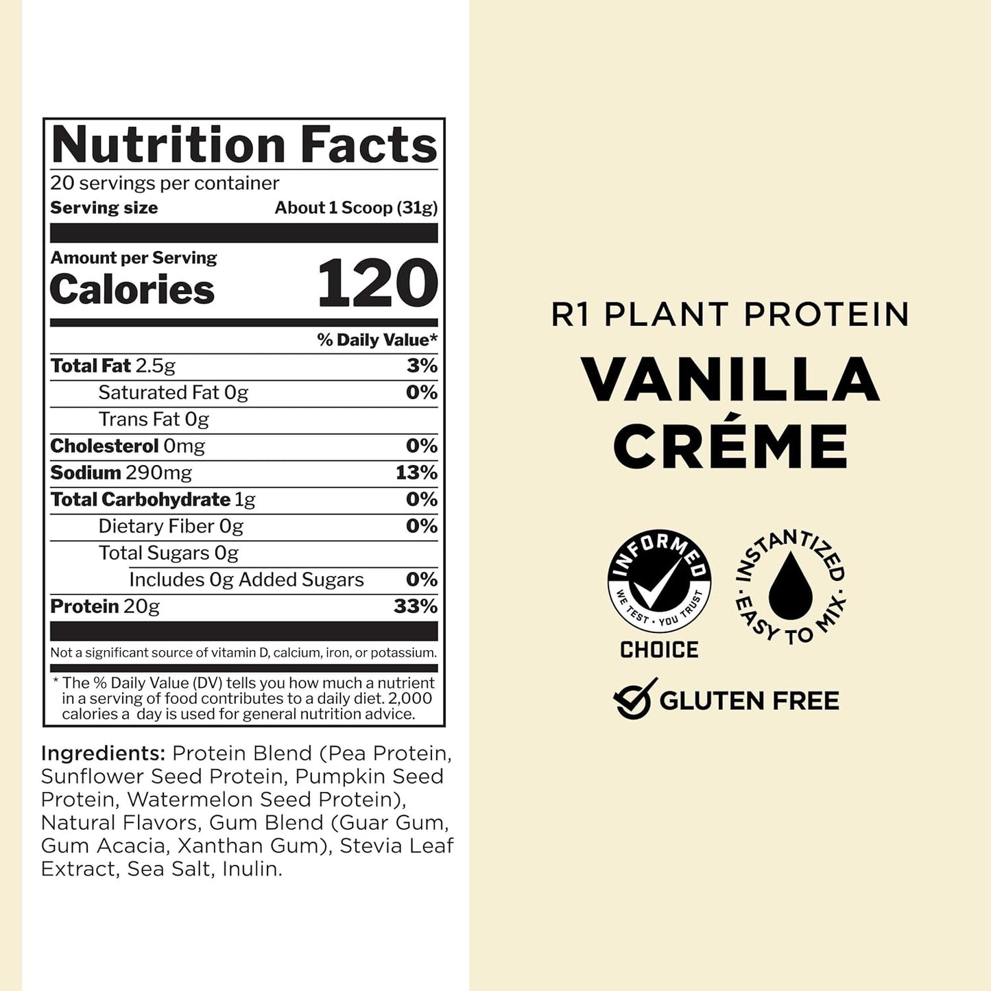 Rule One Proteins R1 Plant Protein Vanilla Crème - 20g Plant-Based Protein, Vegan & Paleo Friendly, Gluten Free - 1.5lb - 20 Servings