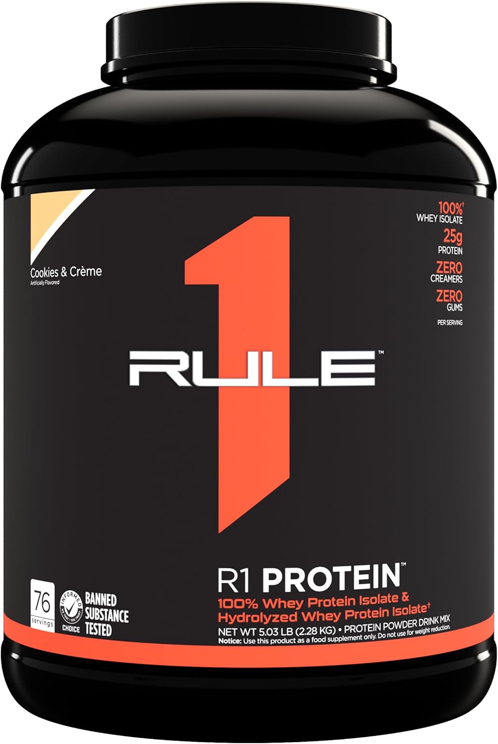 Rule One Proteins R1 Protein - 25g Fast-Acting Isolate & Hydrolysate Powder with 6g BCAAs (5lb, Cookies & Crème)