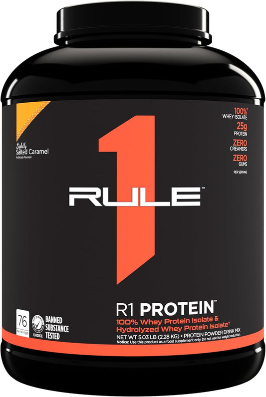 Rule One Proteins R1 Protein - 25g Fast-Acting Isolate & Hydrolysate Powder with 6g BCAAs (5lb, Lightly Salted Caramel)